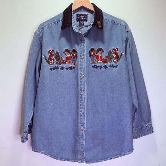 Vintage 90s Let’s Quiz Again Ugly Christmas Denim Shirt Western Cowboy Cats L - Picture 1 of 12